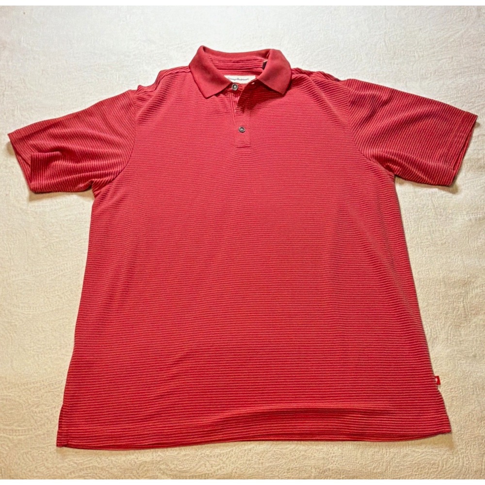 Tommy Bahama Men's M Regular Red Striped SS Modal/Poly Collared Button Polo